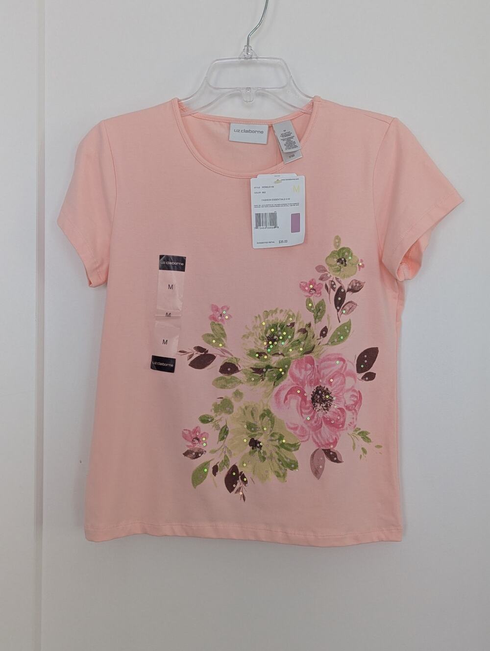 Liz Claiborne M SS T-shirt Floral Sequins Peach Pink NWT